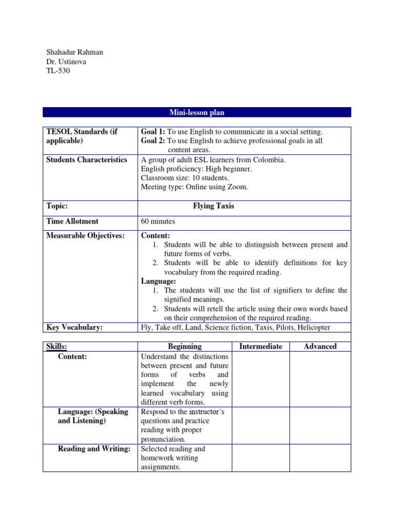 ESL Mini-Lesson Plan: Flying Taxis | PDF | Language Arts & Discipline ...