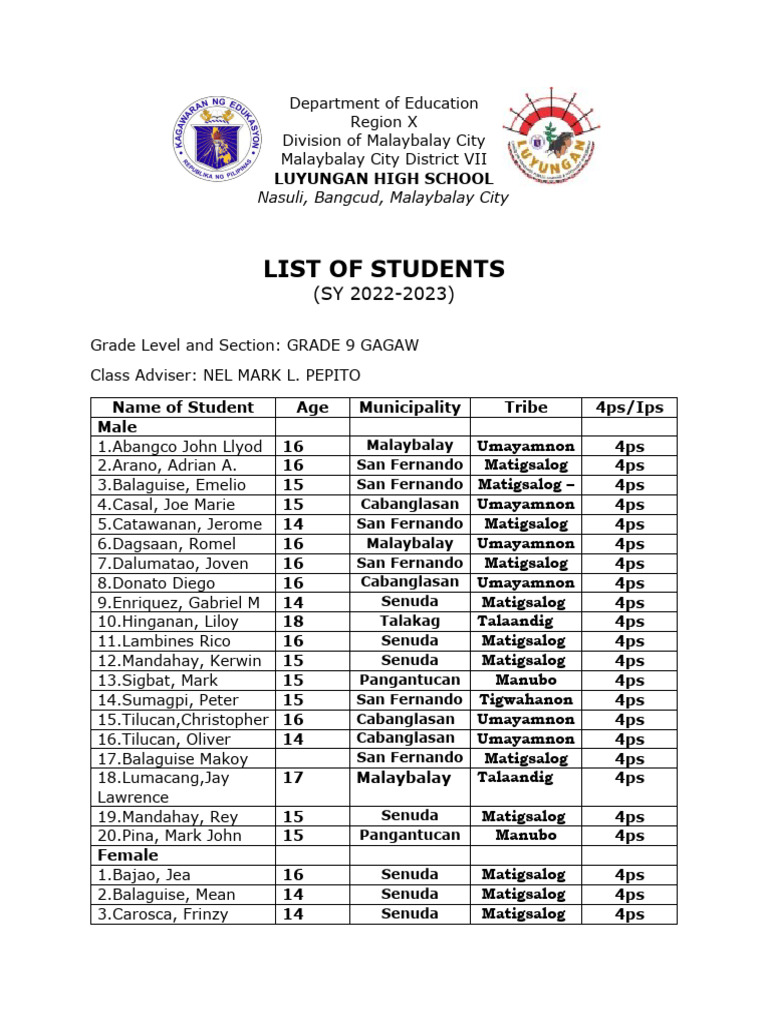 Format list of students pdf