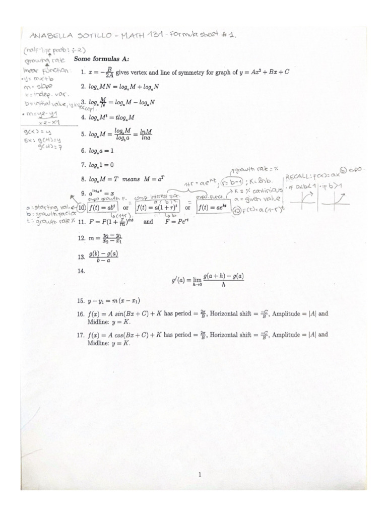 Formula Sheet #1 MATH 131 | PDF