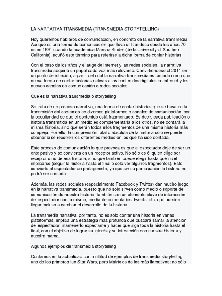 Ejemplos de Narrativa Transmedia | PDF