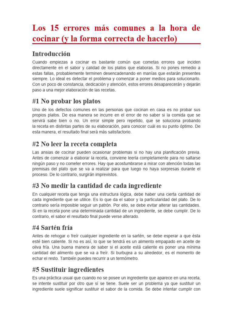 Errores comunes al cocinar y soluciones | PDF | Cocinando | Alimentos