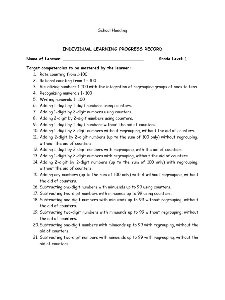 Individual Learning Progress Record | PDF | Subtraction | Mathematics