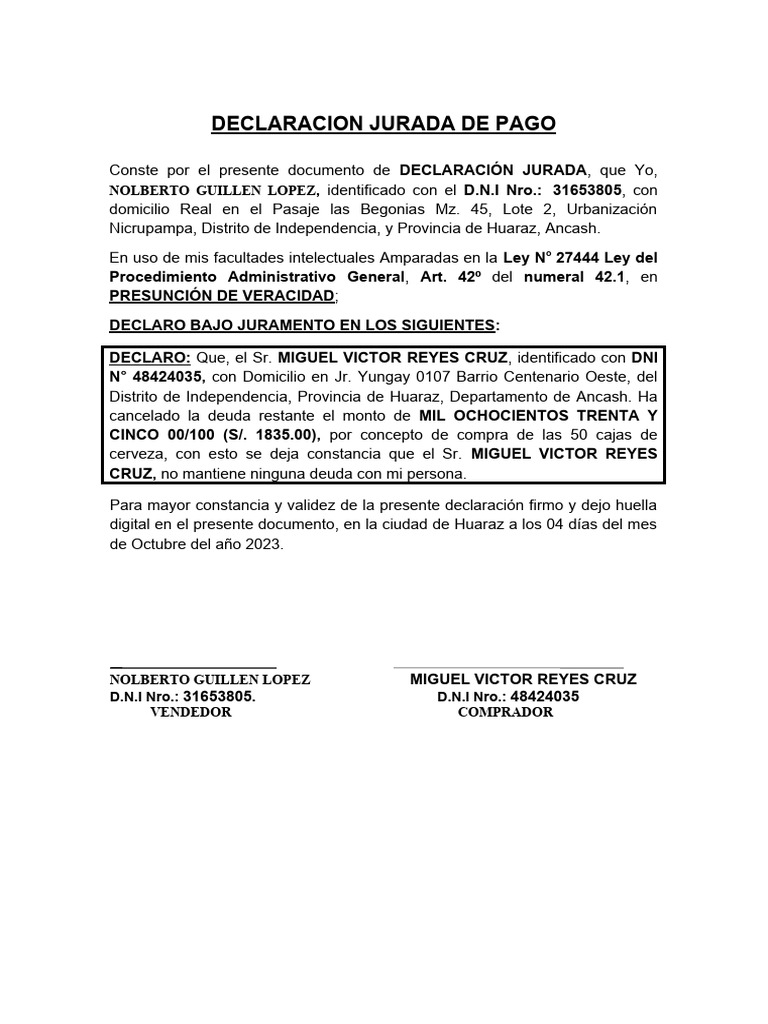Modelo De Declaracion Jurada De Pago