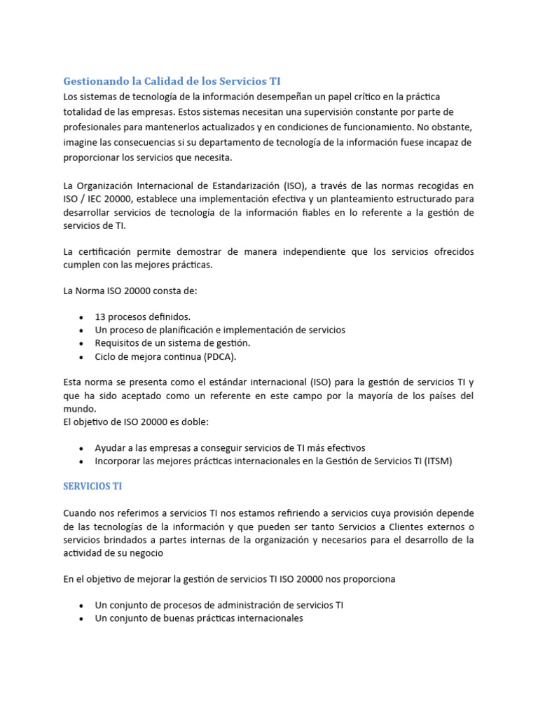 Gestión de Calidad en Servicios TI ISO 20000 | PDF | Itil | It Service ...