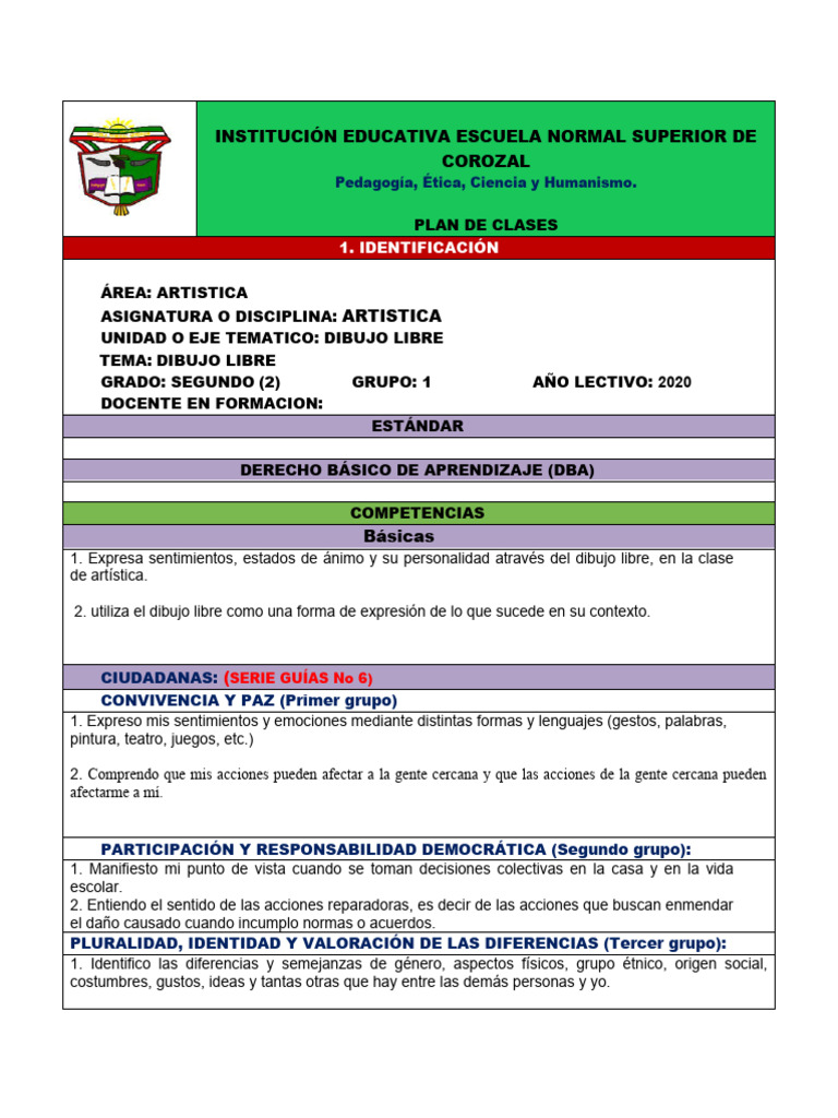 Plan de Clases: Dibujo Libre en Artística | PDF | Aprendizaje | Dibujo