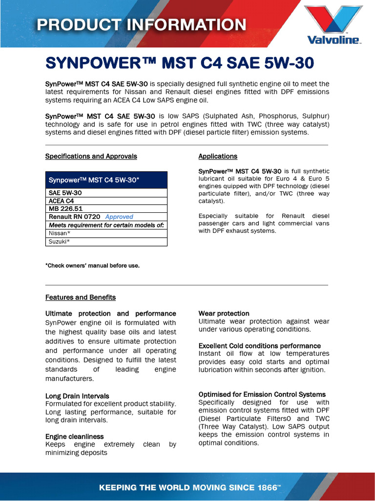 Synpower MST C4 5W-30-PI Sheet | PDF | Motor Oil | Vehicle Technology