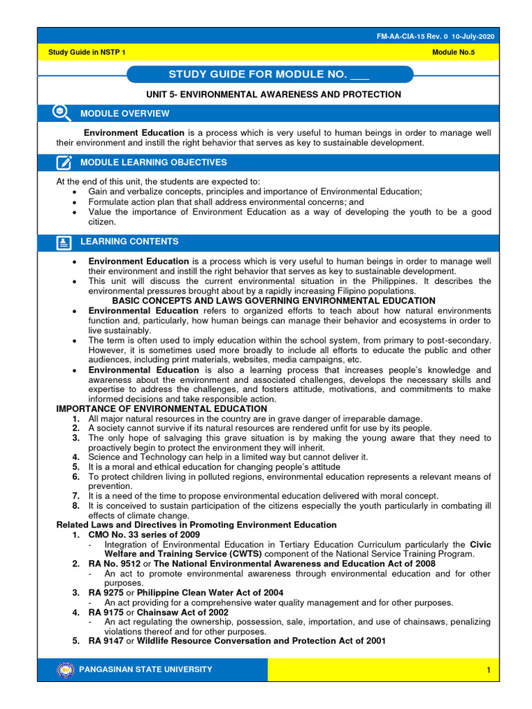 Study Guide 5 Basic Concepts and Laws Governing Environmental Education and Climate Change Part