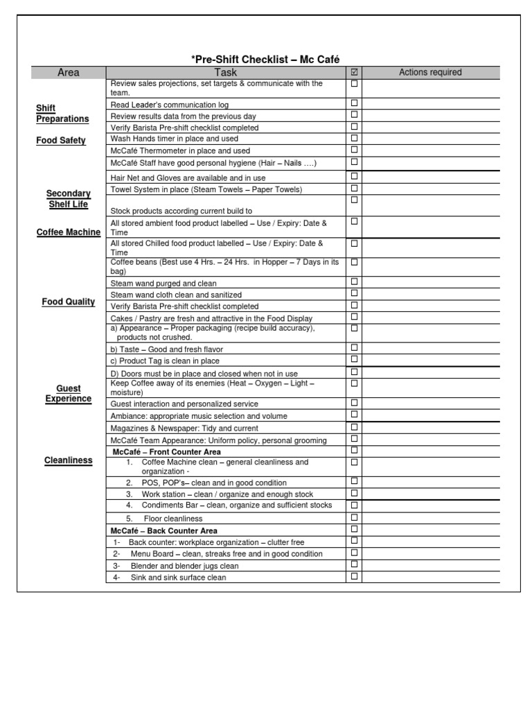 McCafe Pre Shift Checklist PDF Coffee Food And Drink