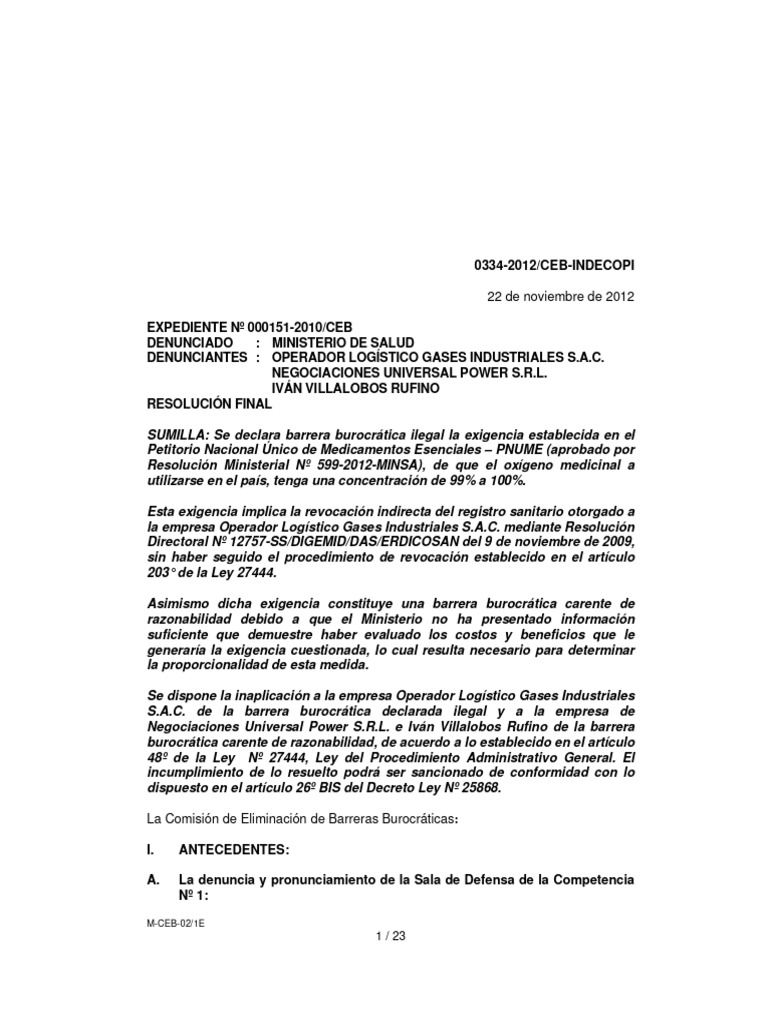 0334 2012 Ceb-Indecopi Minsarevocrazonab PDF | PDF | Dispositivo médico ...