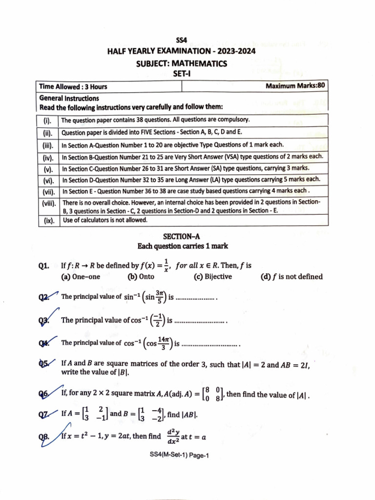 Half-Yearly Mathematics Exam 2023-24 | PDF | Matrix (Mathematics ...