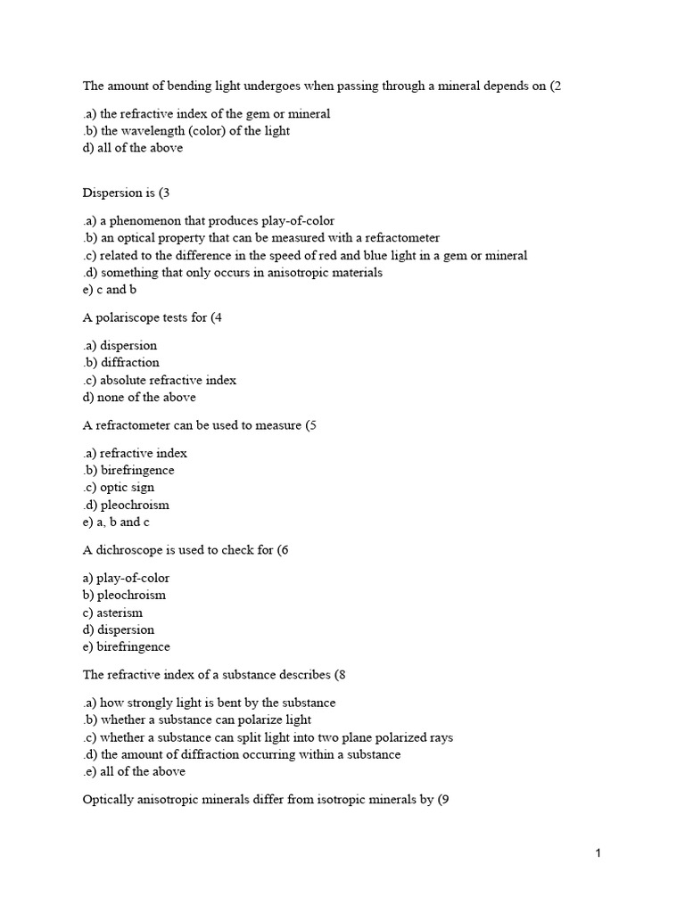 MCQ Optics PDF Refractive Index Optics