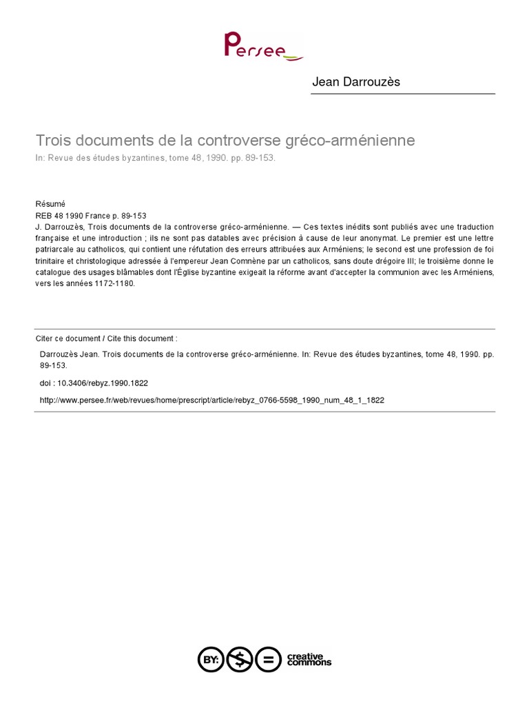 Jean Darrouzes Trois Documents De La Controverse Greco Armenienne Revue Des Etudes Byzantines Tome 48 1990 Pp 153 Empire Byzantin Liturgie