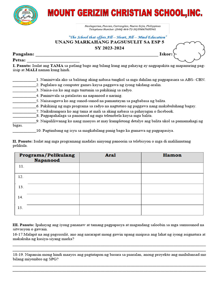 Unang Markahang Pagsusulit Sa Esp 5 Org | PDF