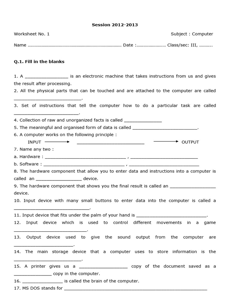 CBSE Class 3 Computer Practice Worksheet Download Free PDF Computer