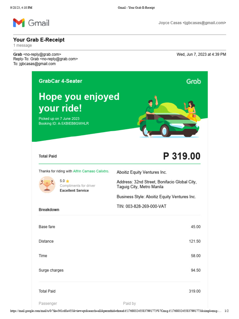 Grab Receipts Jul-Aug 2023 | PDF | Companies | Business