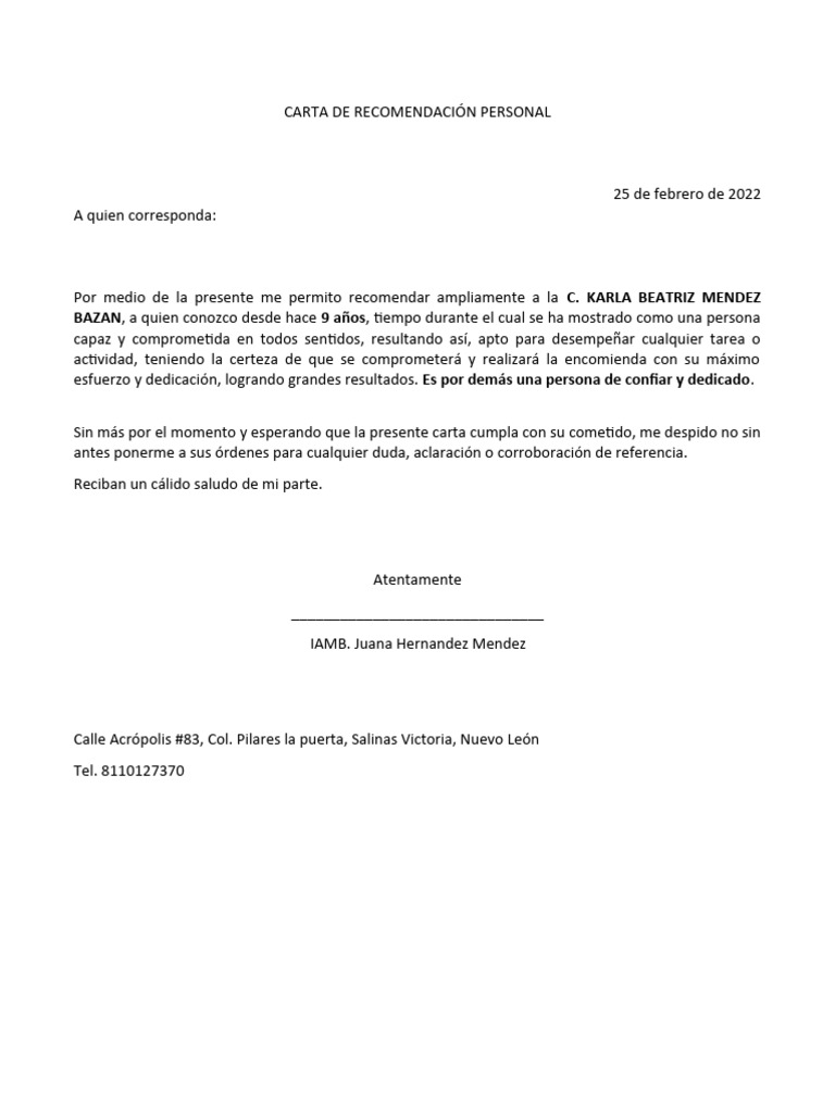 Carta de Recomendación Personal | PDF | Relaciones personales, crianza ...
