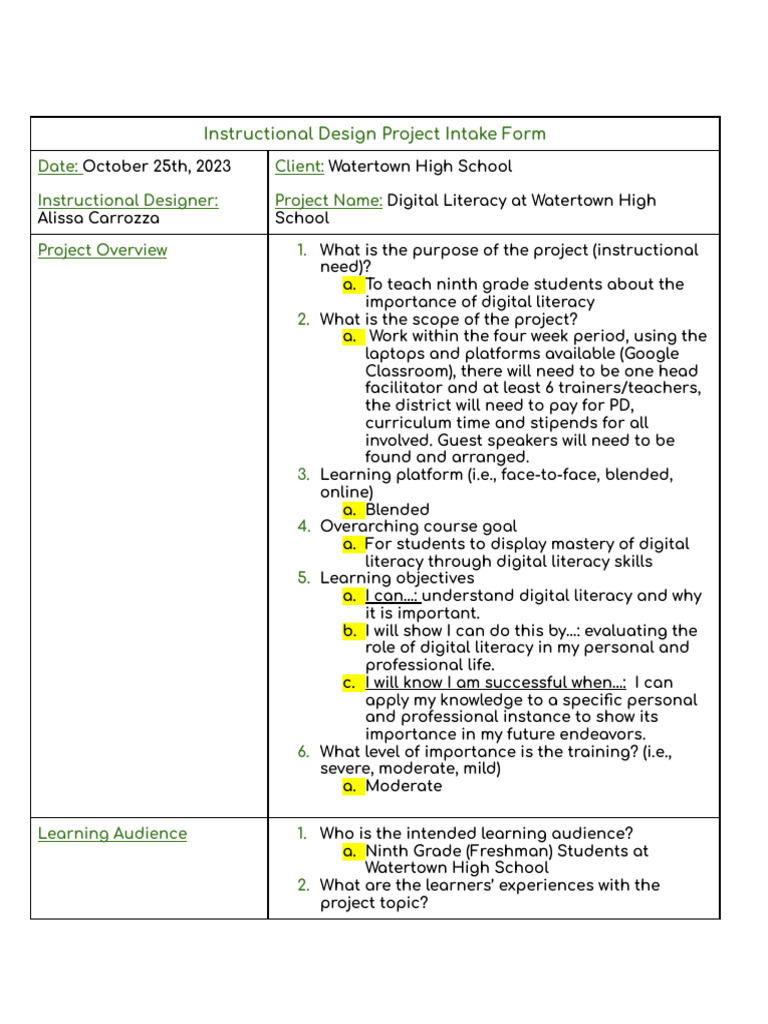 Instructional Design Project Intake Form | PDF | Learning ...