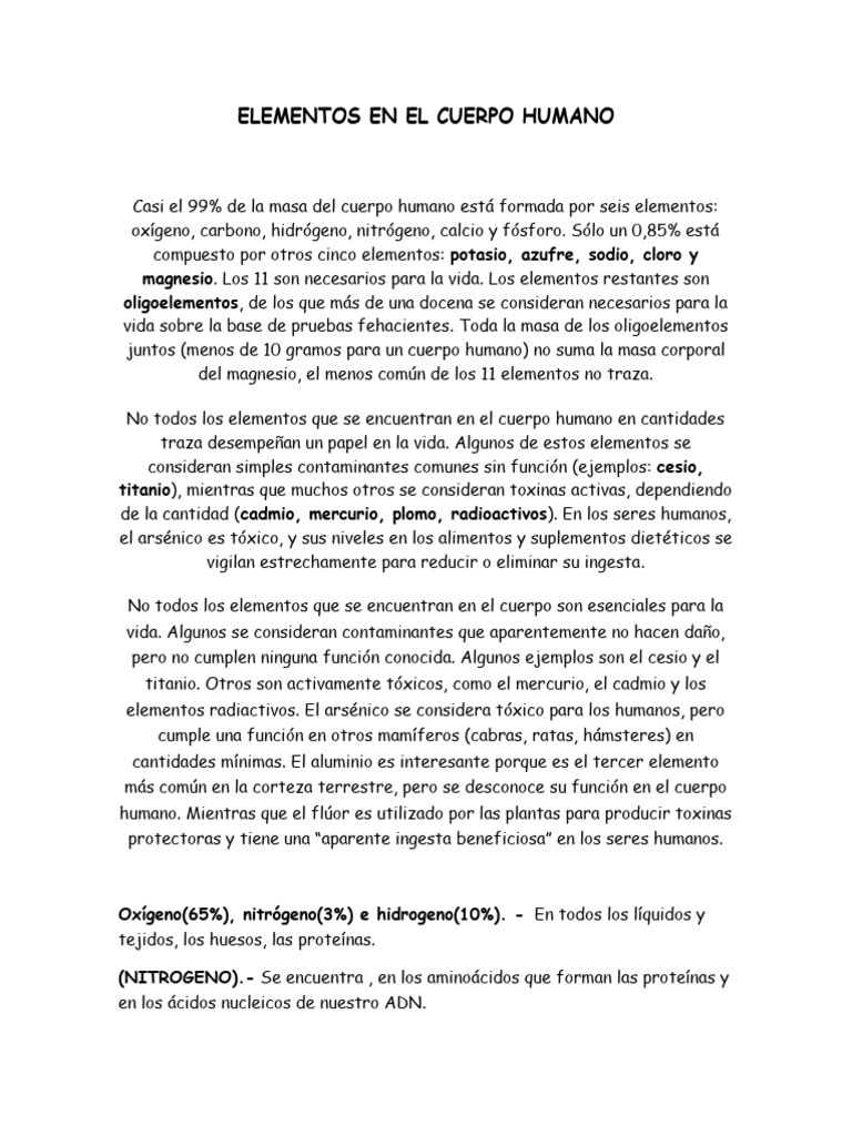 Elementos en El Cuerpo Humano | PDF | Cuerpo humano | Calcio