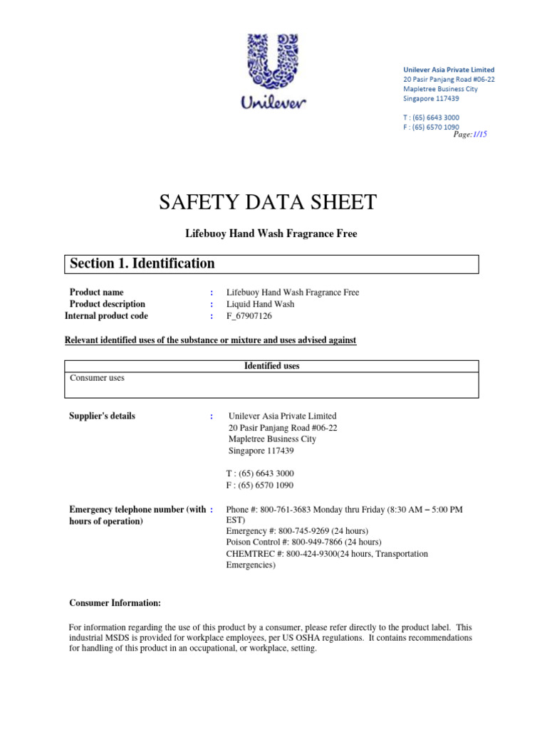 Msds Lifebuoy in - Handwash Antibac Frag Free | PDF | Waste | Toxicity