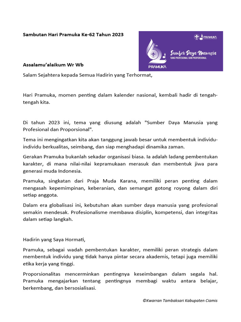 Sambutan Hari Pramuka Ke 62 | PDF