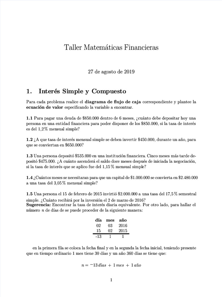 Taller de Matemáticas Financieras | PDF | Interés | Bancos