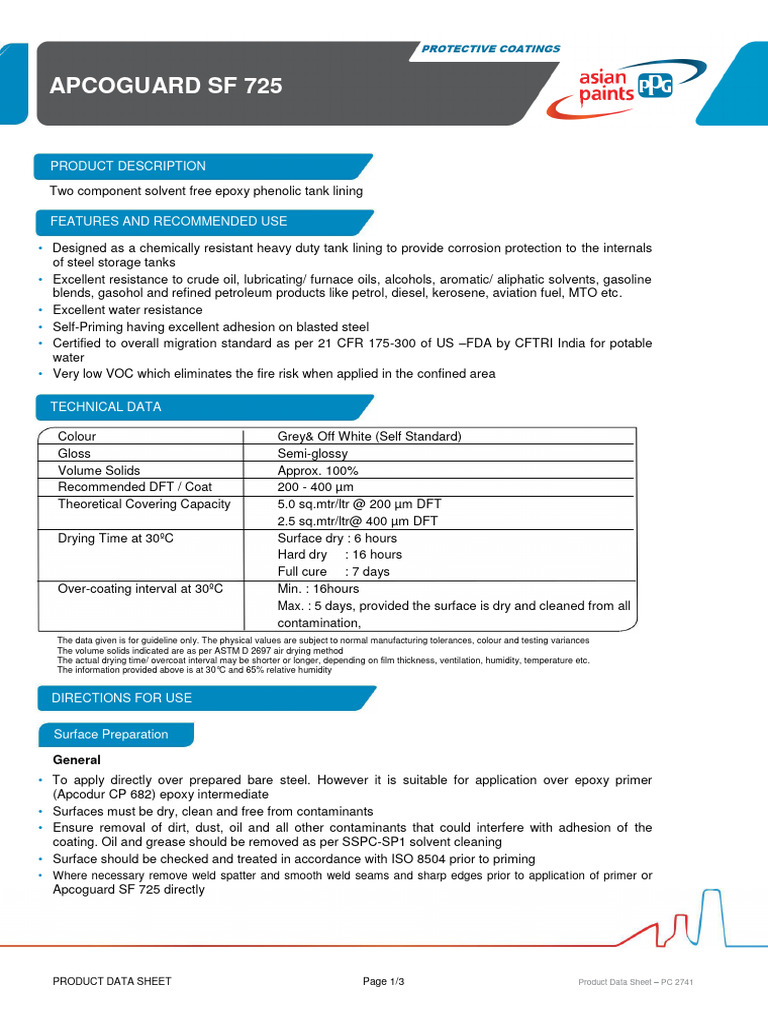 APCOGUARD SF 725 Tank Lining Guide | PDF | Paint | Gasoline