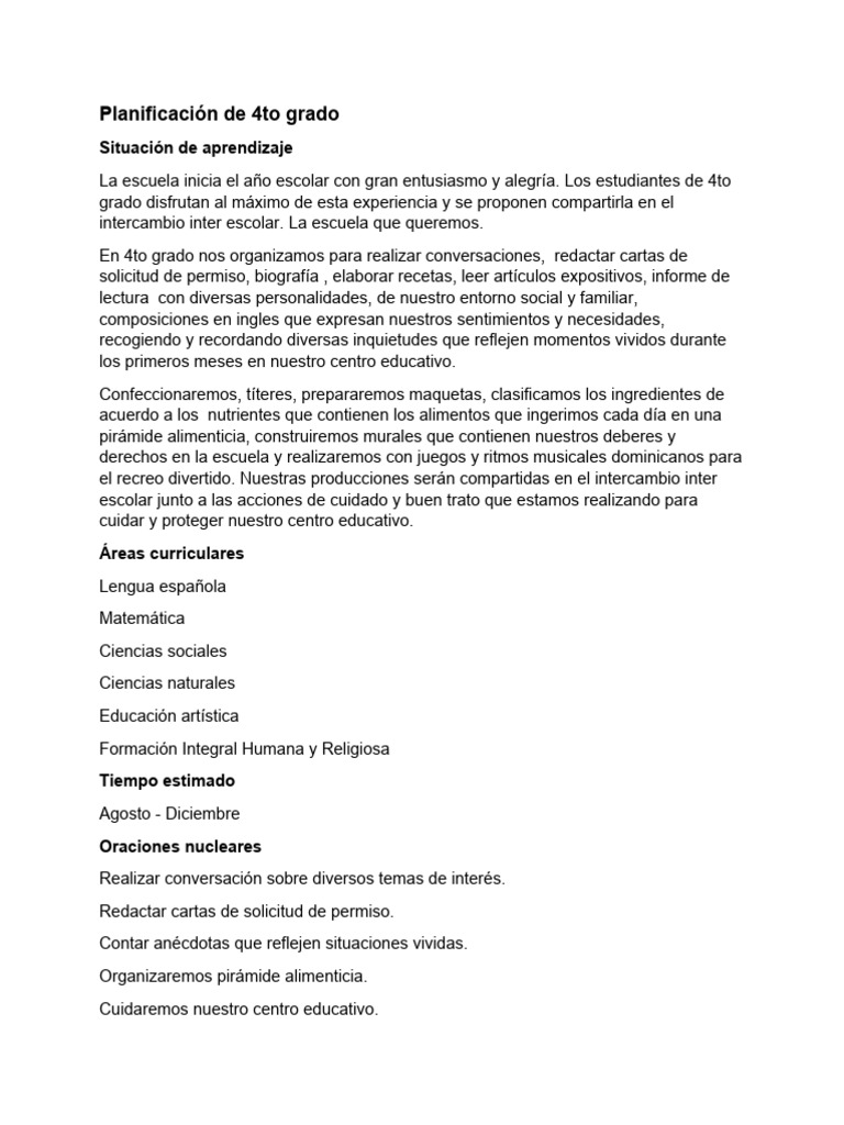 Planificacion Anual de 4to Grado | PDF | Léxico | Conversacion