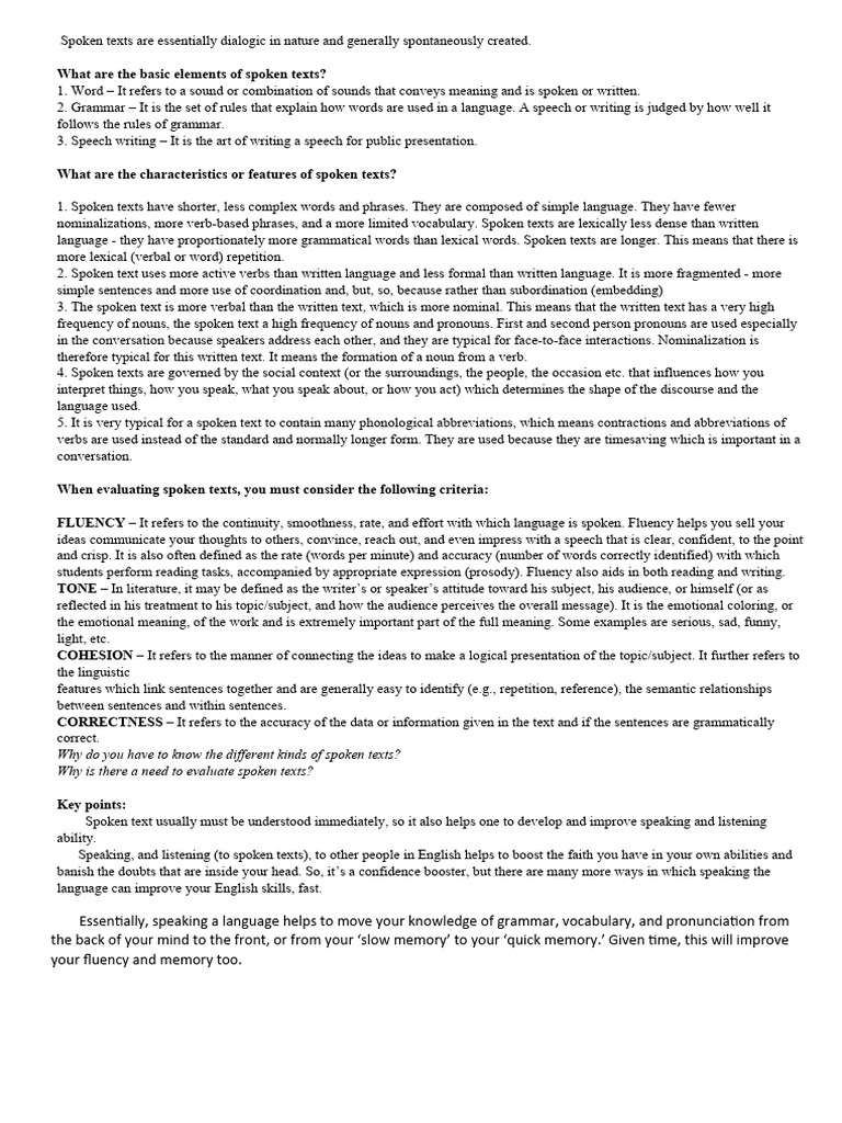 Spoken Texts Are Essentially Dialogic in Nature and Generally ...