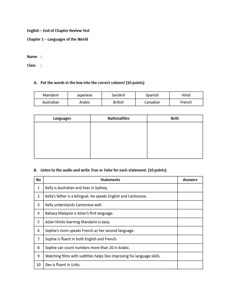 Language and Nationality Review Test | PDF | French Language | English ...