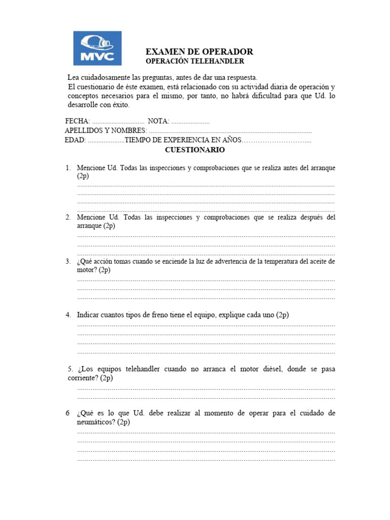 Examen Operador Telehandler | PDF