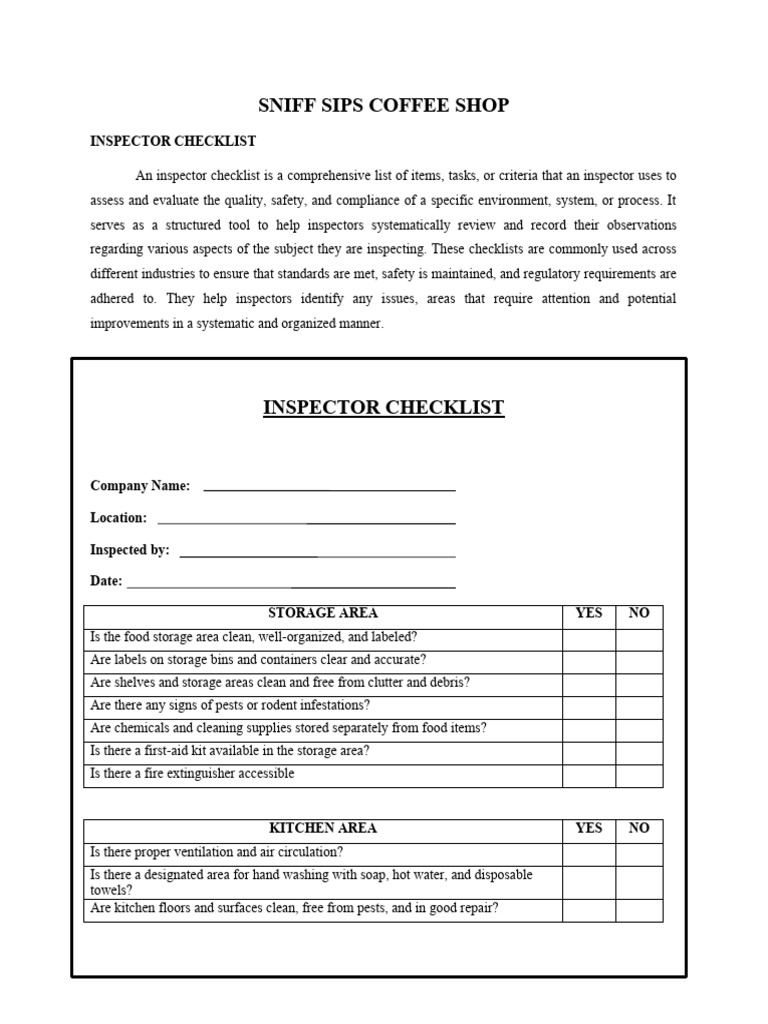 Inspector Checklist Sniff Sips Coffee Shop | PDF | Public Toilet | Safety