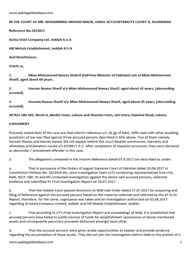 AlAzizia Steel Company Limited Judgment Against Nawaz Sharif Etc