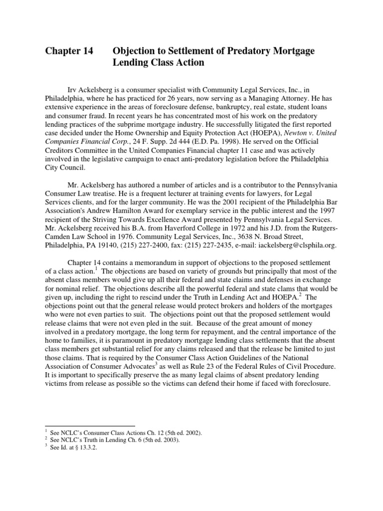 Objection To Settlement of Predatory Mortgage Lending Class Action