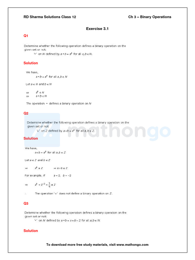 RD Sharma Class 12 Binary Operations Solutions | PDF | Computers