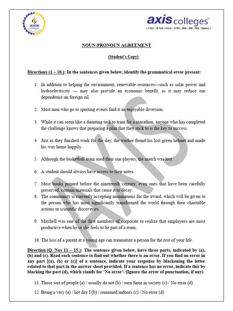 NounPronoun Agreement (Student's Copy) PDF