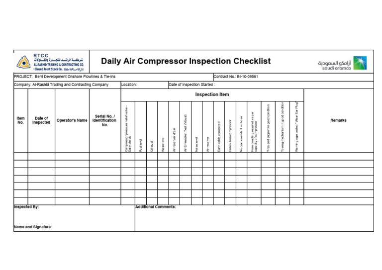 Daily Air Compressor Inspection Checklist | PDF | Equipment | Gas ...