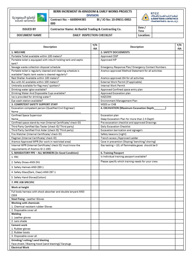 Daily Safety Inspection Checklist | PDF | Crane (Machine) | Personal ...