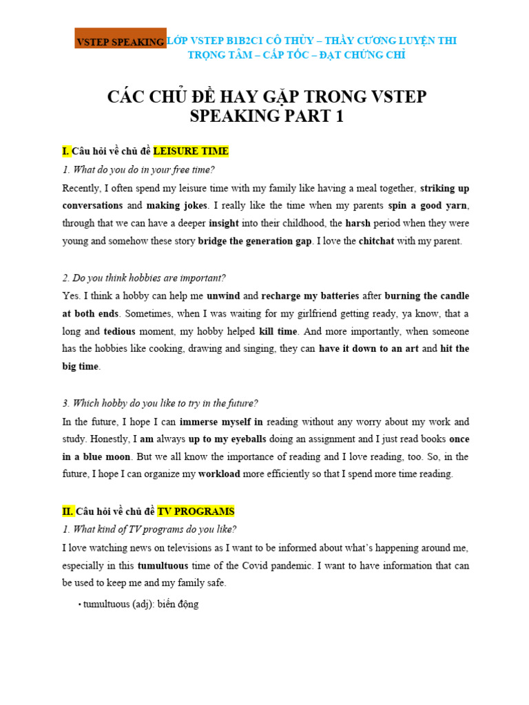 VSTEP Speaking Part 1 Sample Topics | PDF