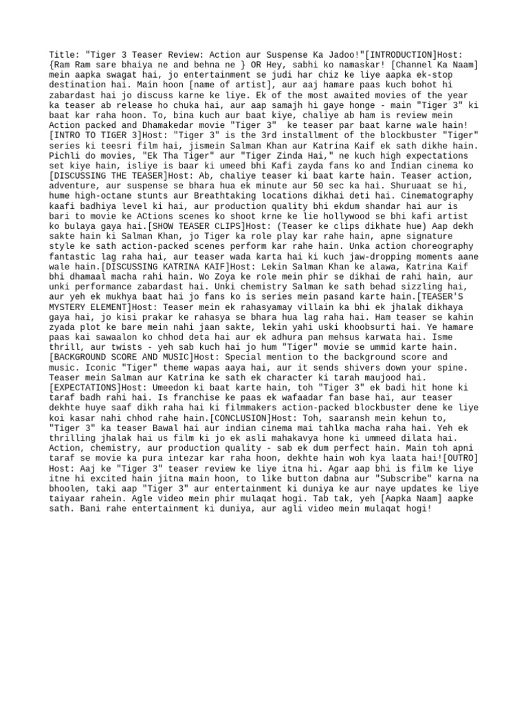 Tiger 3 Script | PDF | Cinema Of India | Film Production Districts