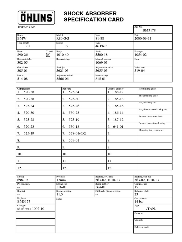 Shock Absorber Specification Card PDF Propulsion Internal