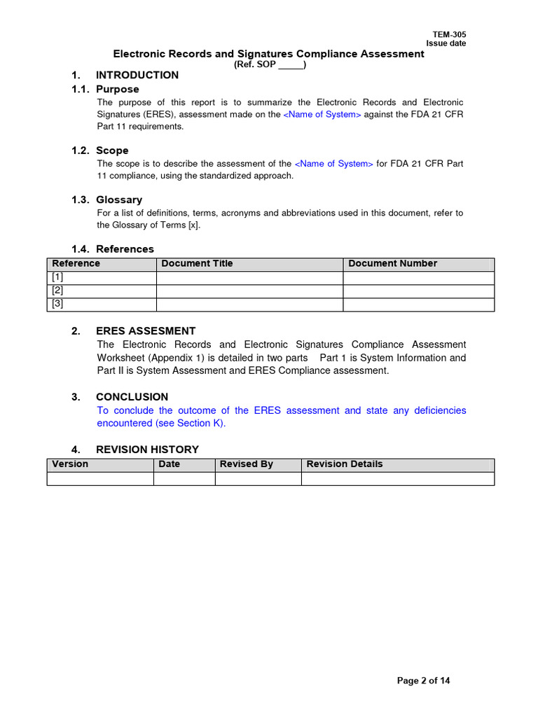 TEM 305 Electronic Records and Signatures Compliance Assessment Sample ...