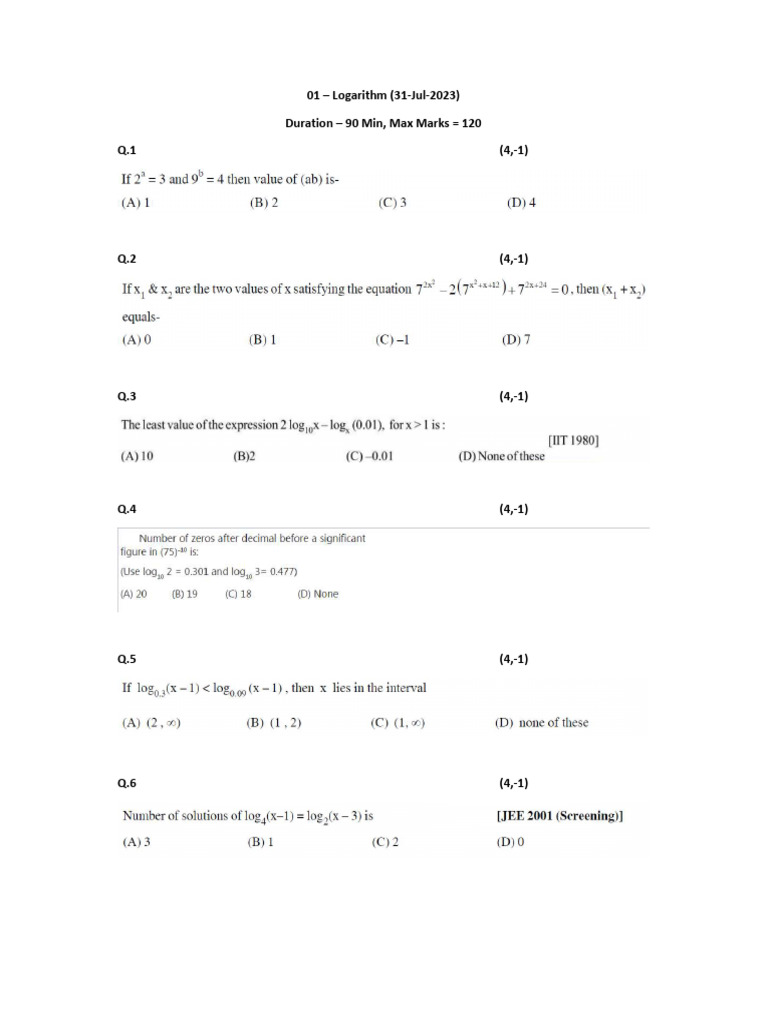 01 Logarithm Questions PDF