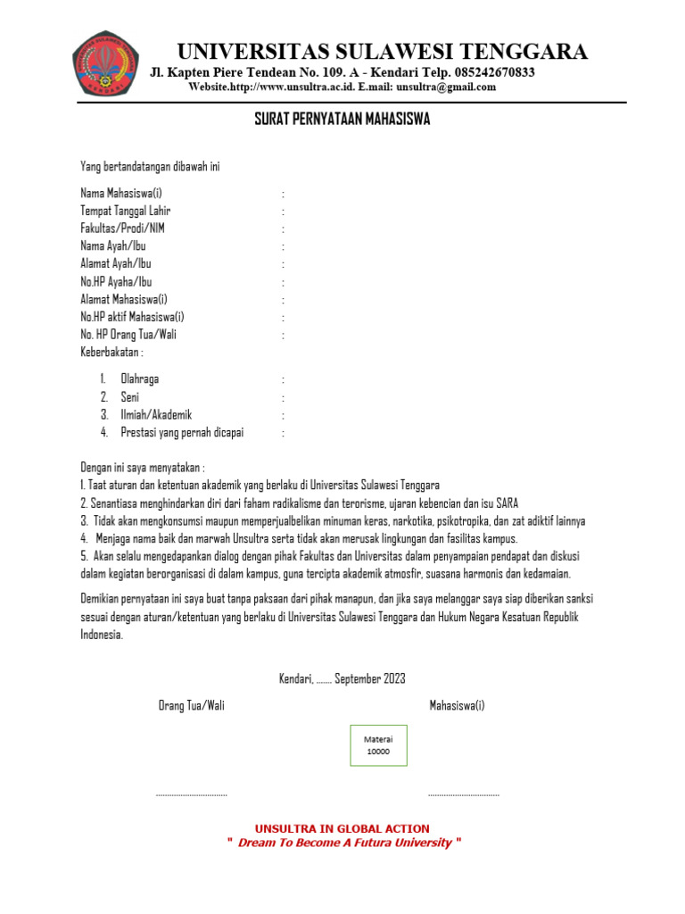 Surat Pernyataan Mahasiswa | PDF