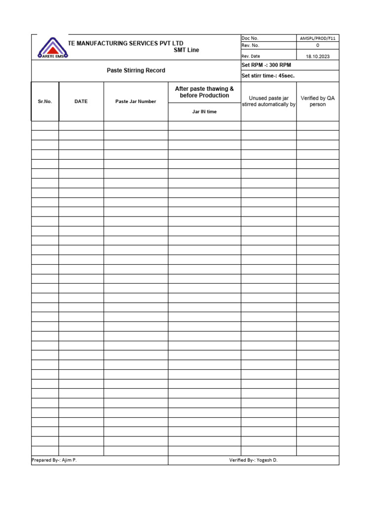 Paste Thawing Record PDF