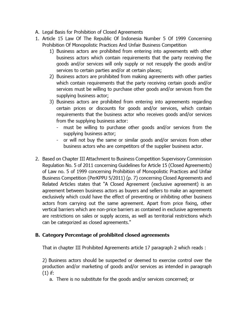 Legal Basis For Prohibition of Closed Agreements PDF Monopoly