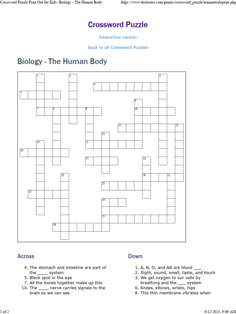 Crossword puzzle print out for kids biology - the human body | pdf | human  body | blood