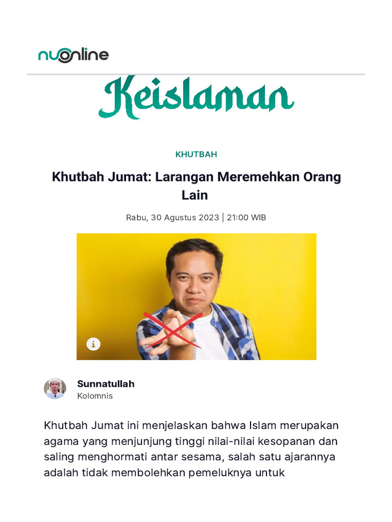 Khutbah Jumat Larangan Meremehkan Orang Lain Nu Online Pdf