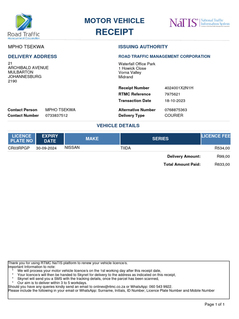 Vehicle Licence Renewal Receipt | PDF