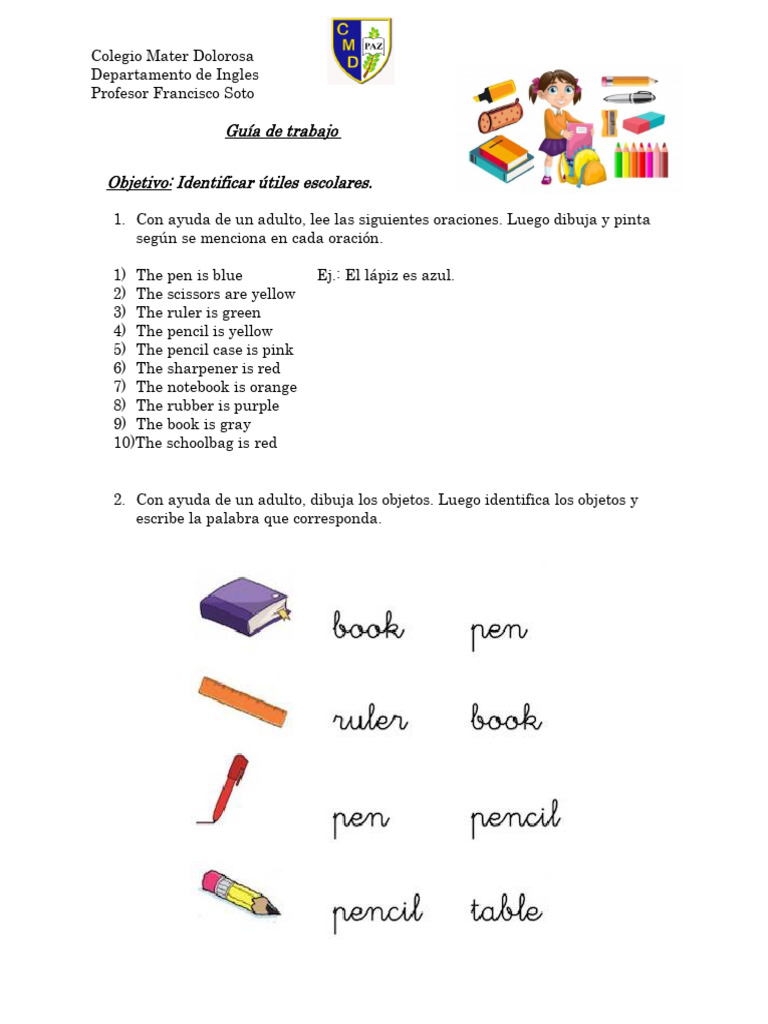 Oraciones sobre útiles escolares en inglés | PDF | Estudios de idiomas ...