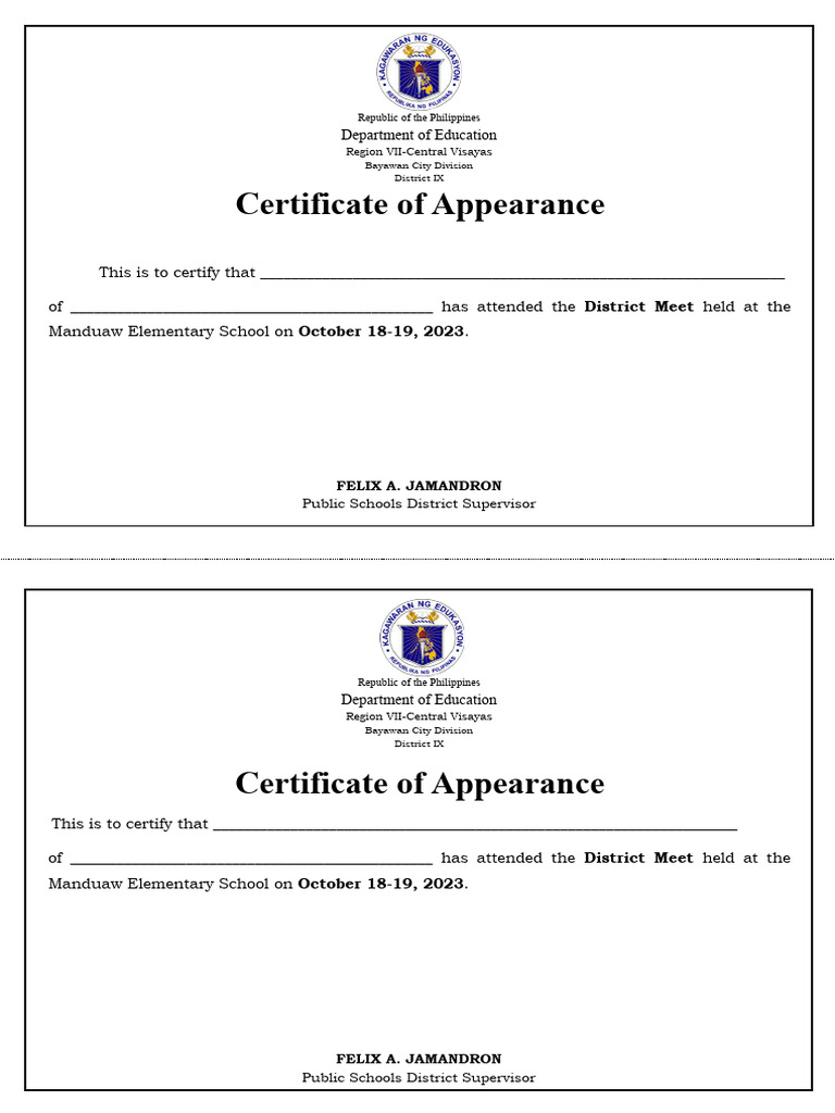 Certificate of Appearance Template PDF